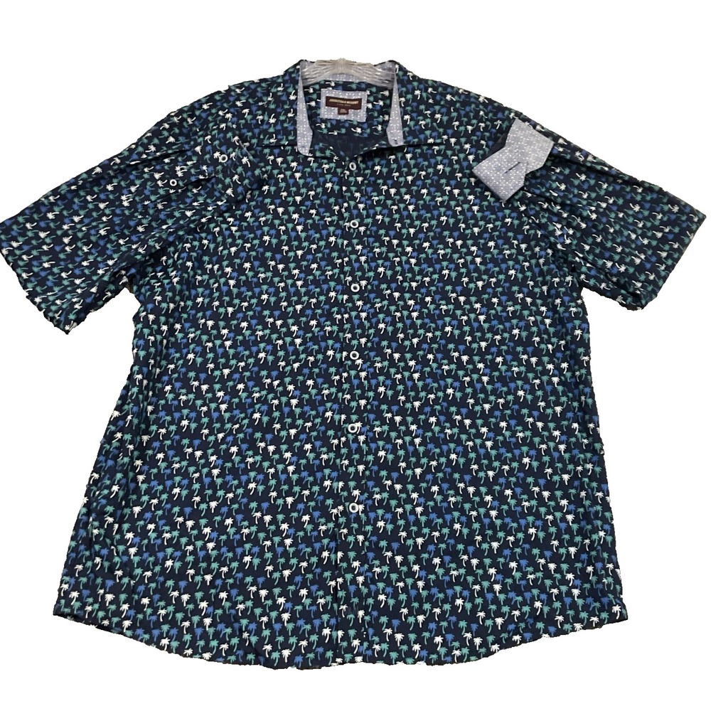 Johnston & Murphy XXL Long Sleeve Palm Button Hawaiian Shirt Blue 100% Cotton